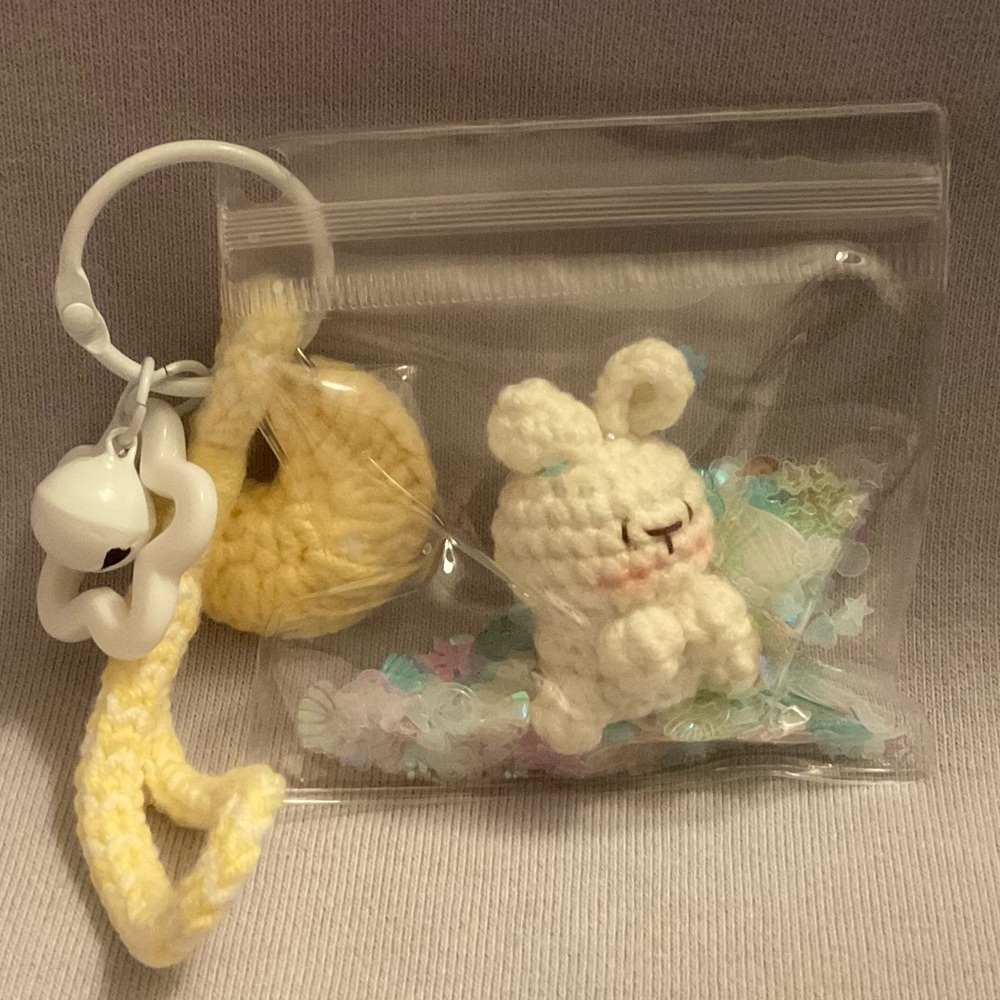 Handmade Crochet Bunny Keychain with Yellow Moon Accent